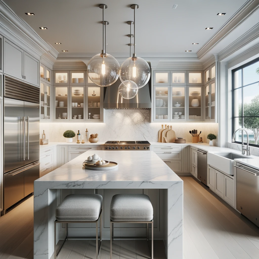 kitchen remodeling in san francisco. Photo of a modern kitchen remodel in San Francisco with sleek white cabinets, stainless steel appliances, and a marble countertop island with pendant